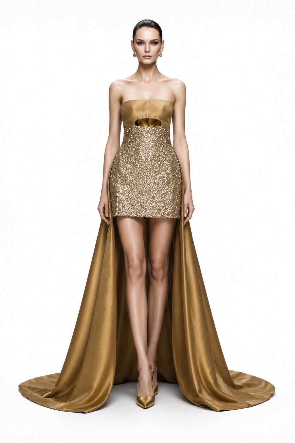 Gold Sequin Mini with Satin Train - front