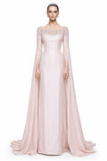Blush Beaded Cape-Sleeve Gown - front
