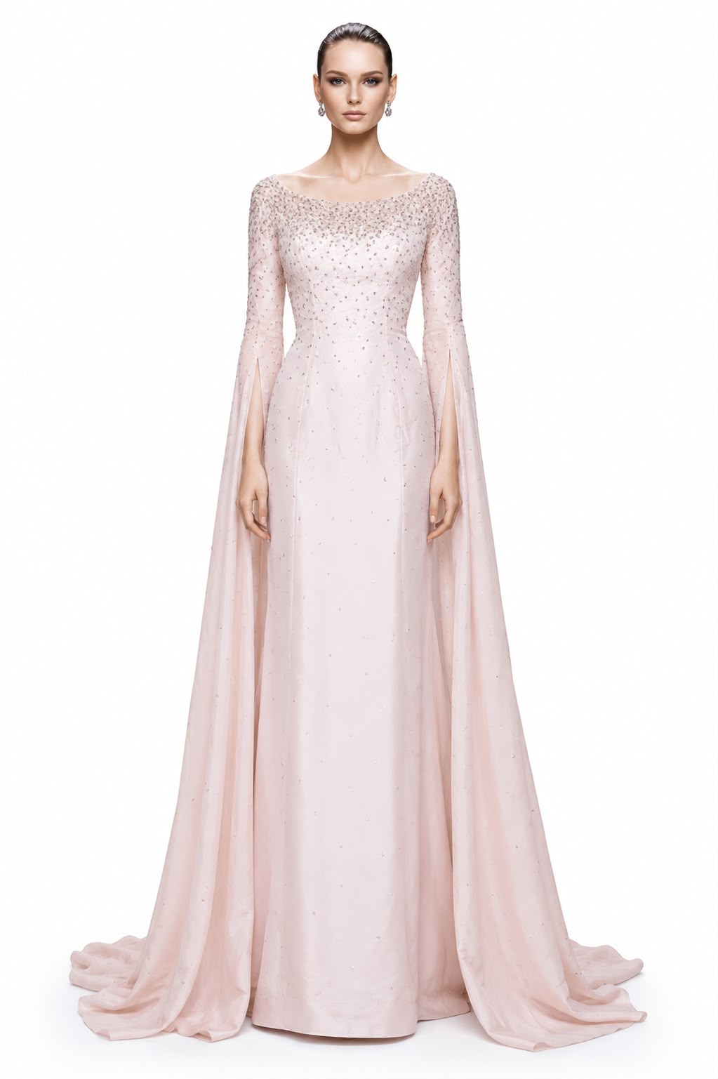 Blush Beaded Cape-Sleeve Gown - front