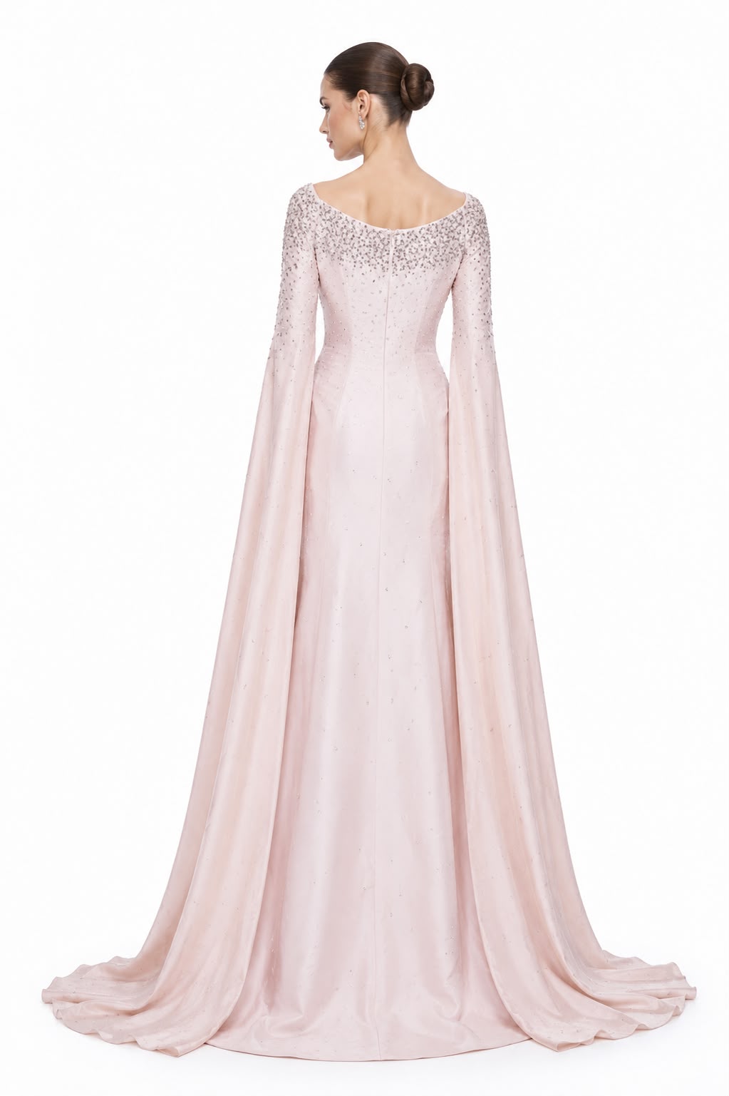 Blush Beaded Cape-Sleeve Gown - back
