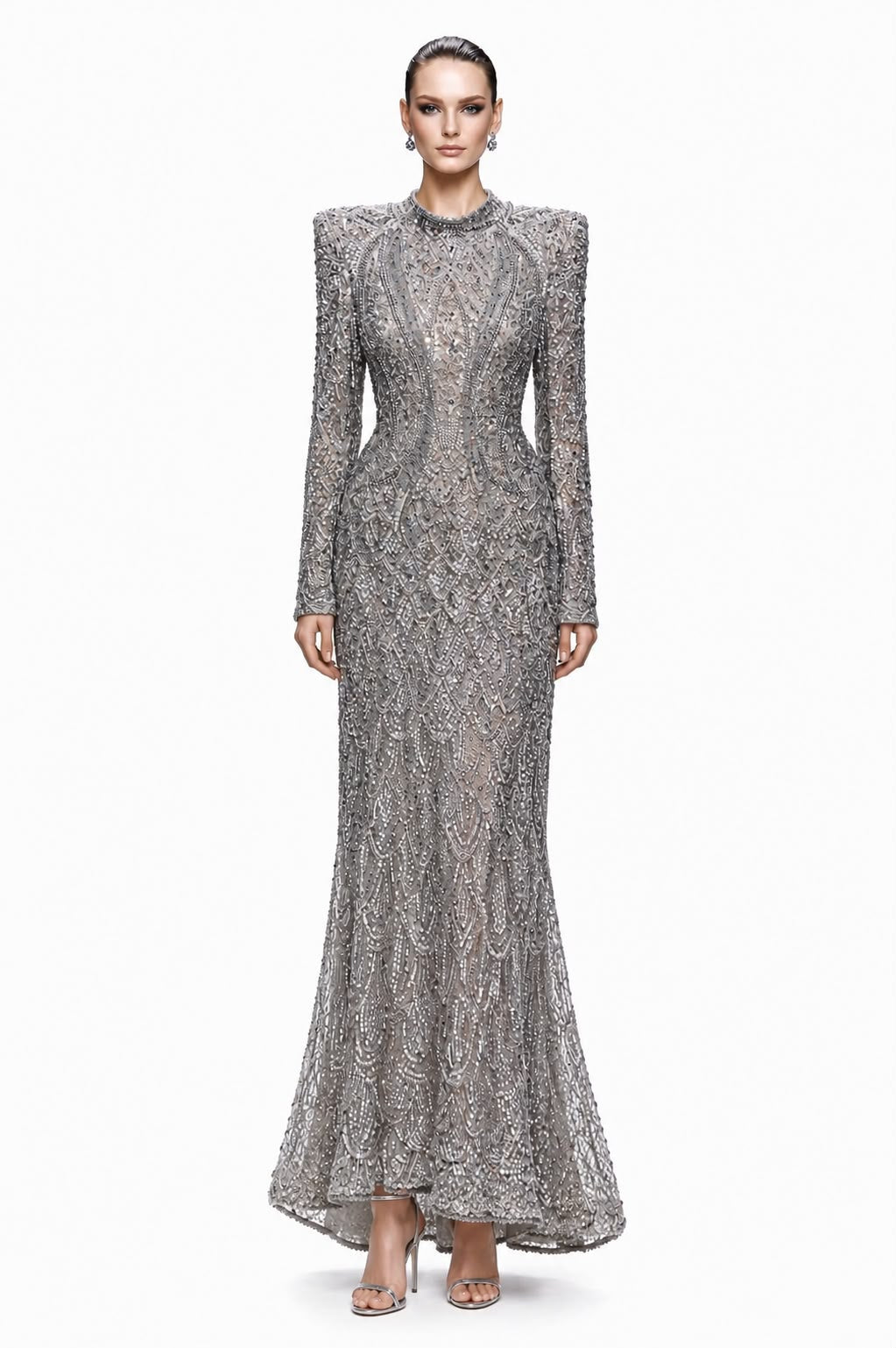 Silver Beaded High-Neck Mermaid Gown - front