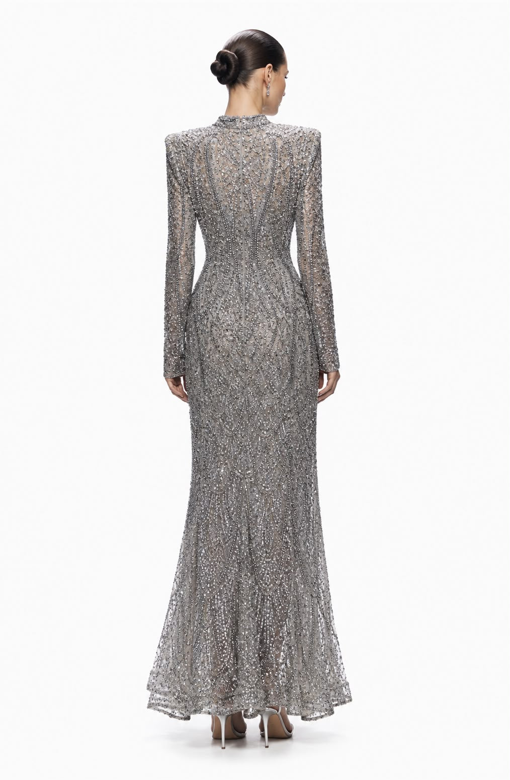 Silver Beaded High-Neck Mermaid Gown - back