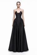 Black Notched-Neck Satin A-Line Gown - front