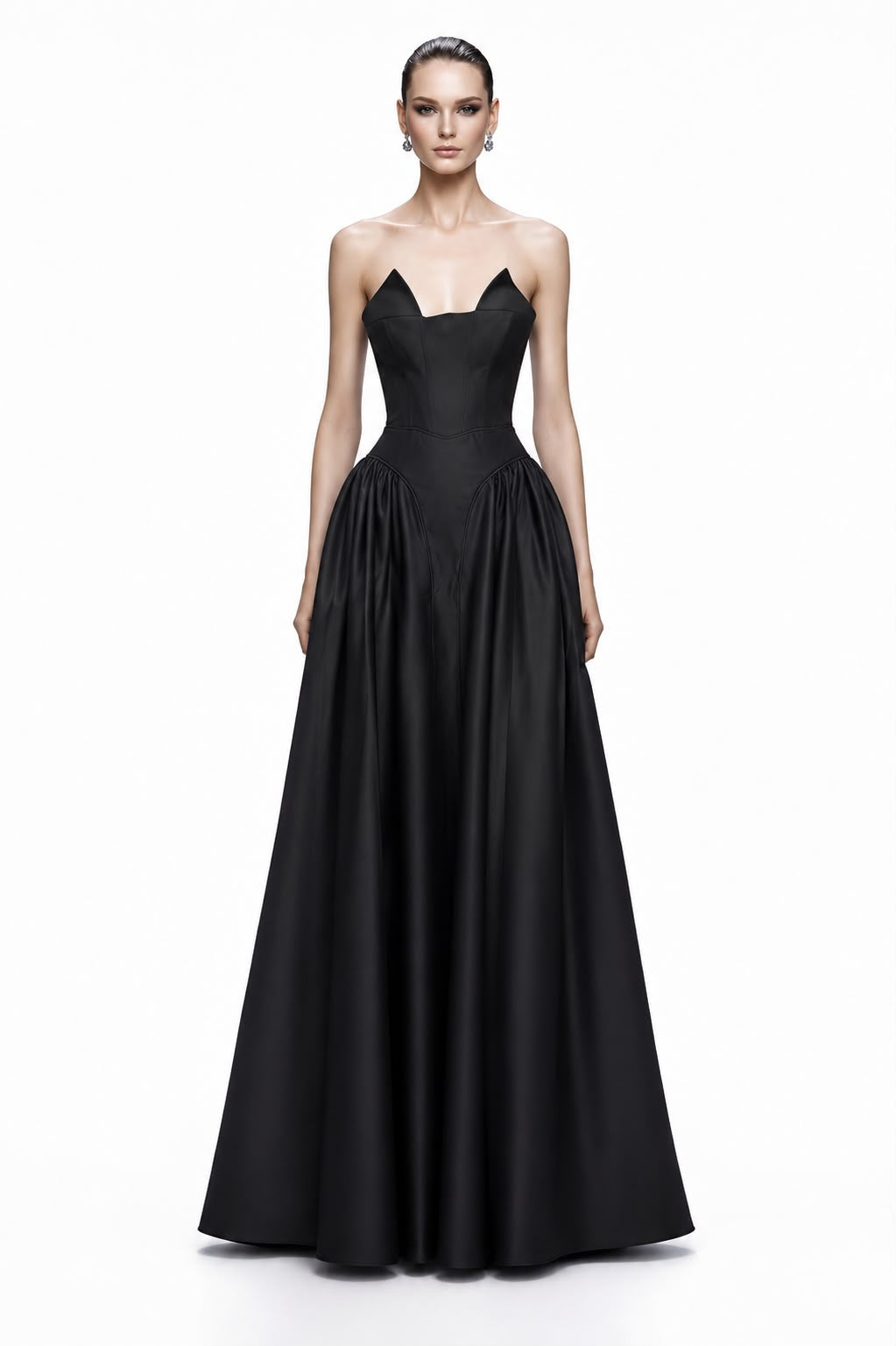 Black Notched-Neck Satin A-Line Gown - front