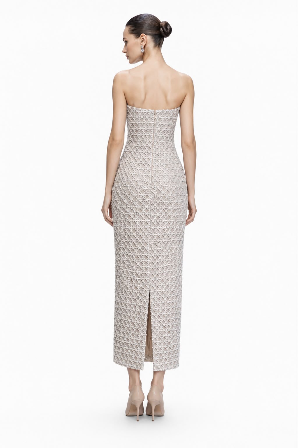 Ivory Lattice-Beaded Column Gown - back