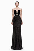 Black Velvet Gold-Clasp Draped Gown - front