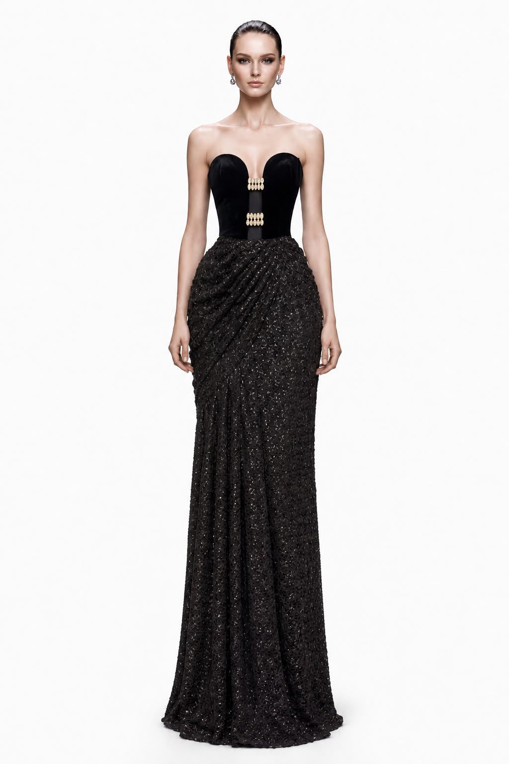Black Velvet Gold-Clasp Draped Gown - front