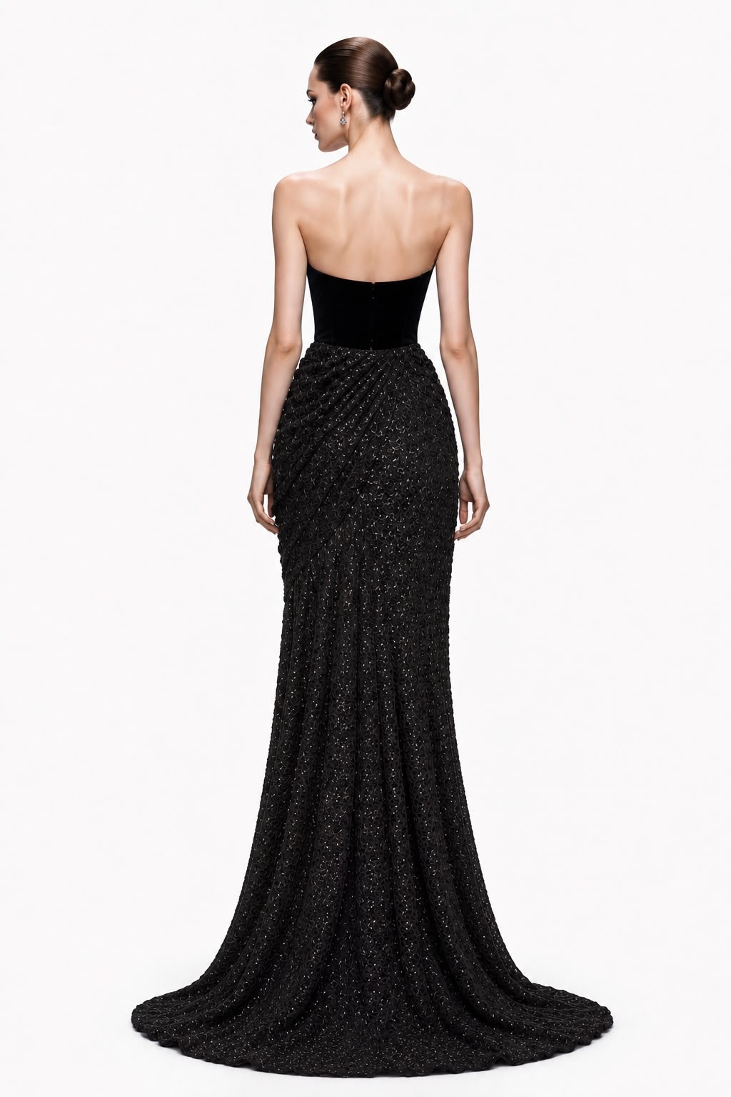 Black Velvet Gold-Clasp Draped Gown - back