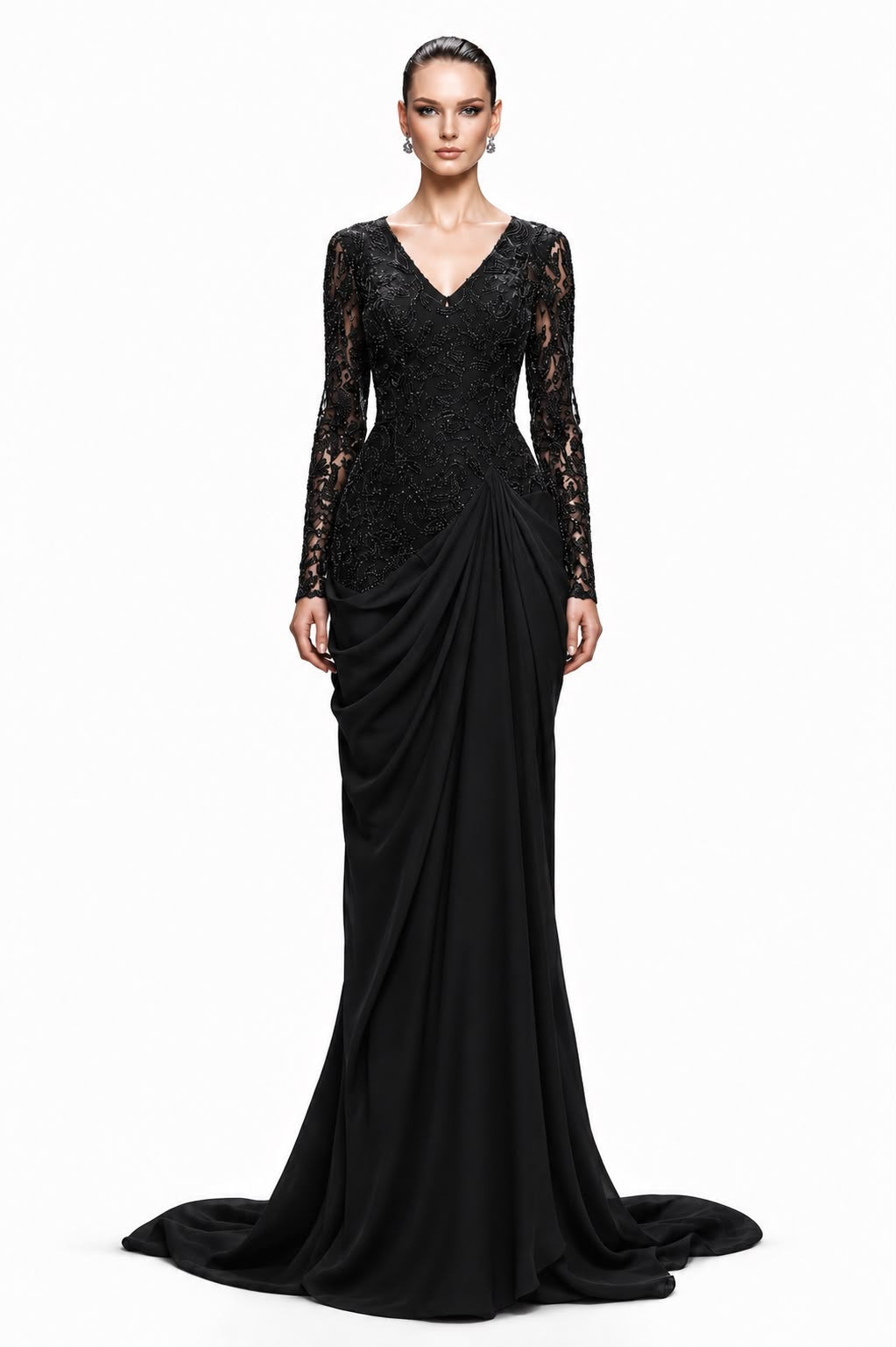Black Beaded Lace Draped Mermaid Gown - front