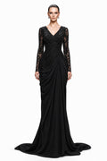 Black Beaded Lace Draped Mermaid Gown - front