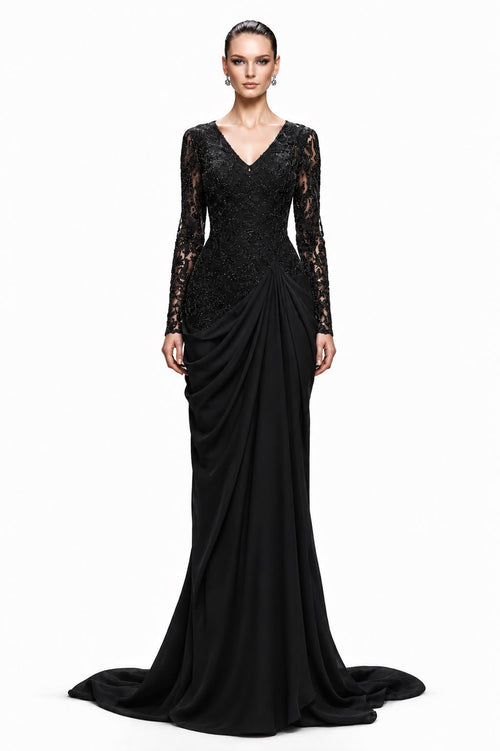 Black Beaded Lace Draped Mermaid Gown - front