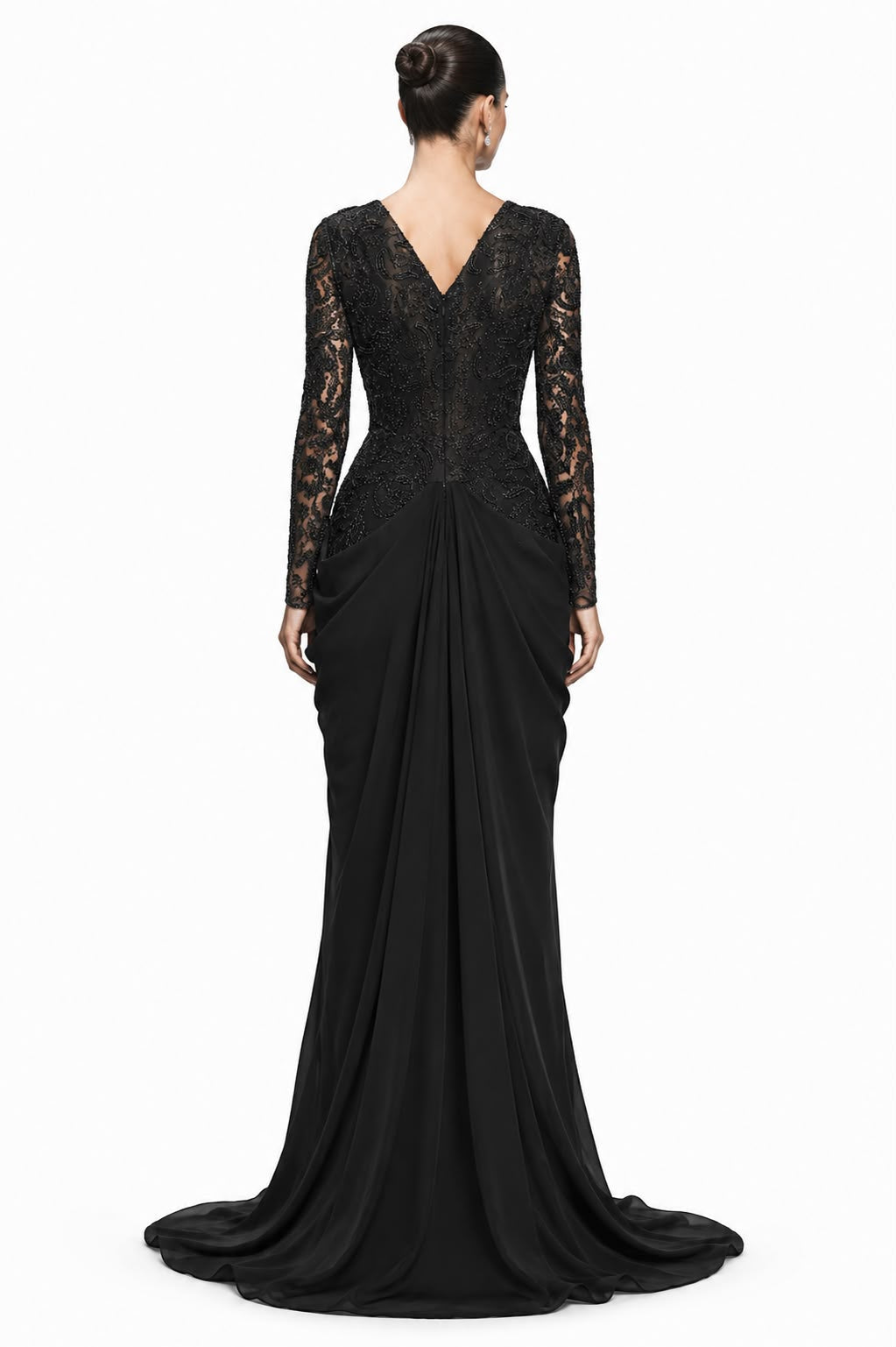 Black Beaded Lace Draped Mermaid Gown - back