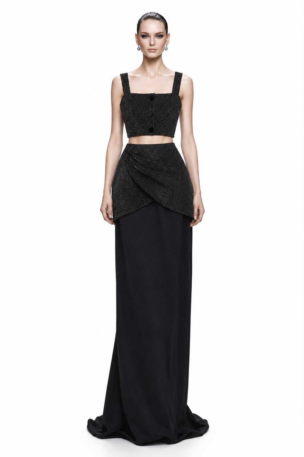 Black Beaded Button Peplum Gown - front