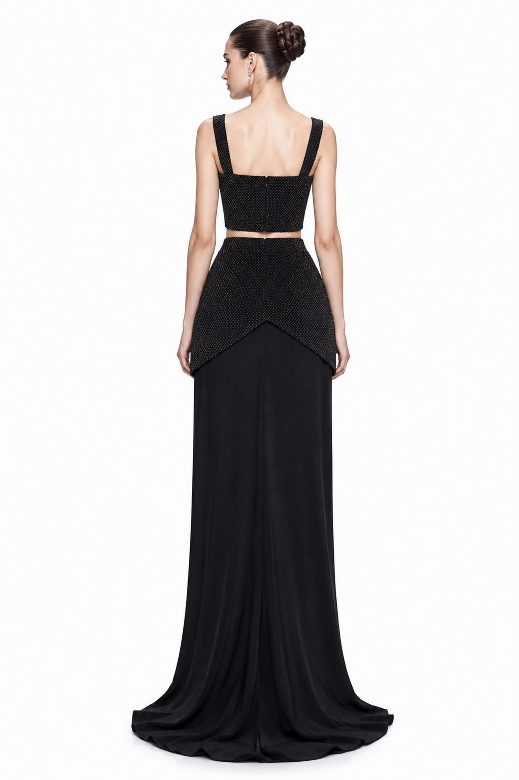 Black Beaded Button Peplum Gown - back