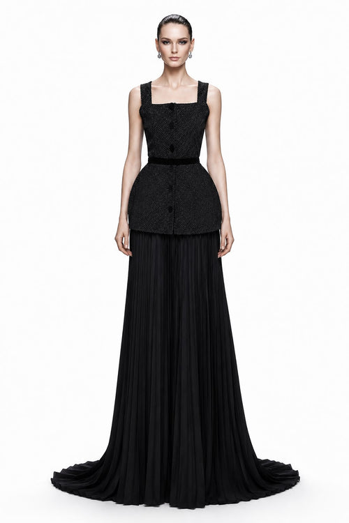 Black Beaded Crop & Peplum Two-Piece - front