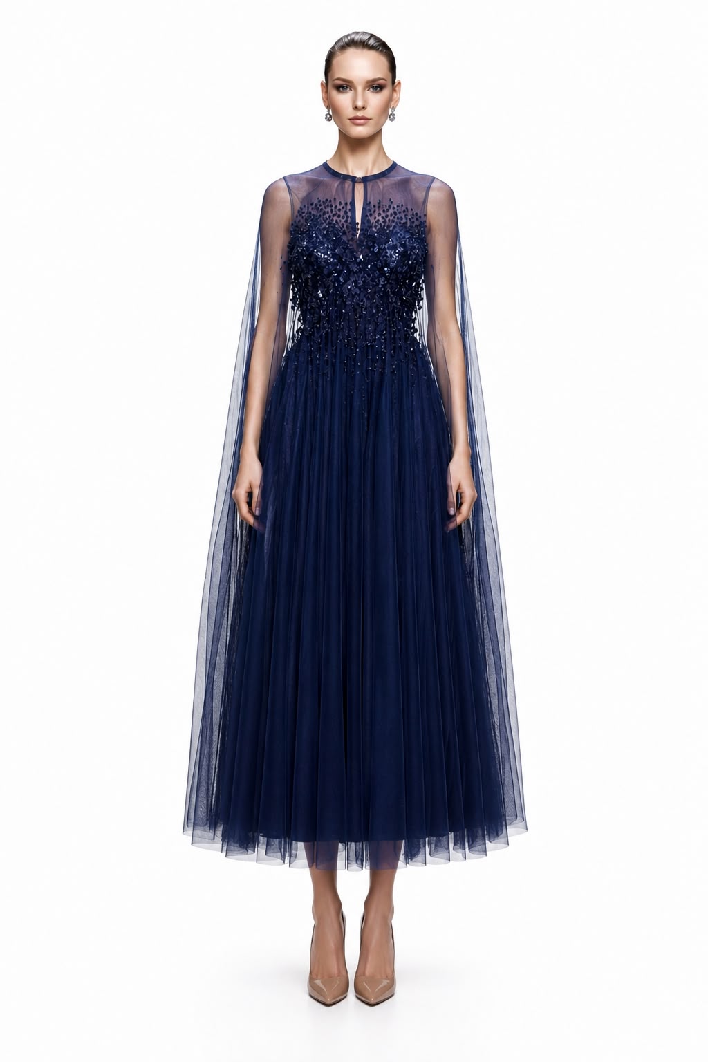 Navy Tulle Cape Midi Gown - front