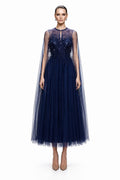 Navy Tulle Cape Midi Gown - front