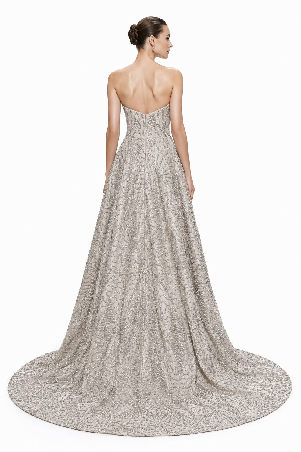 Silver Beaded A-Line Ball Gown - back