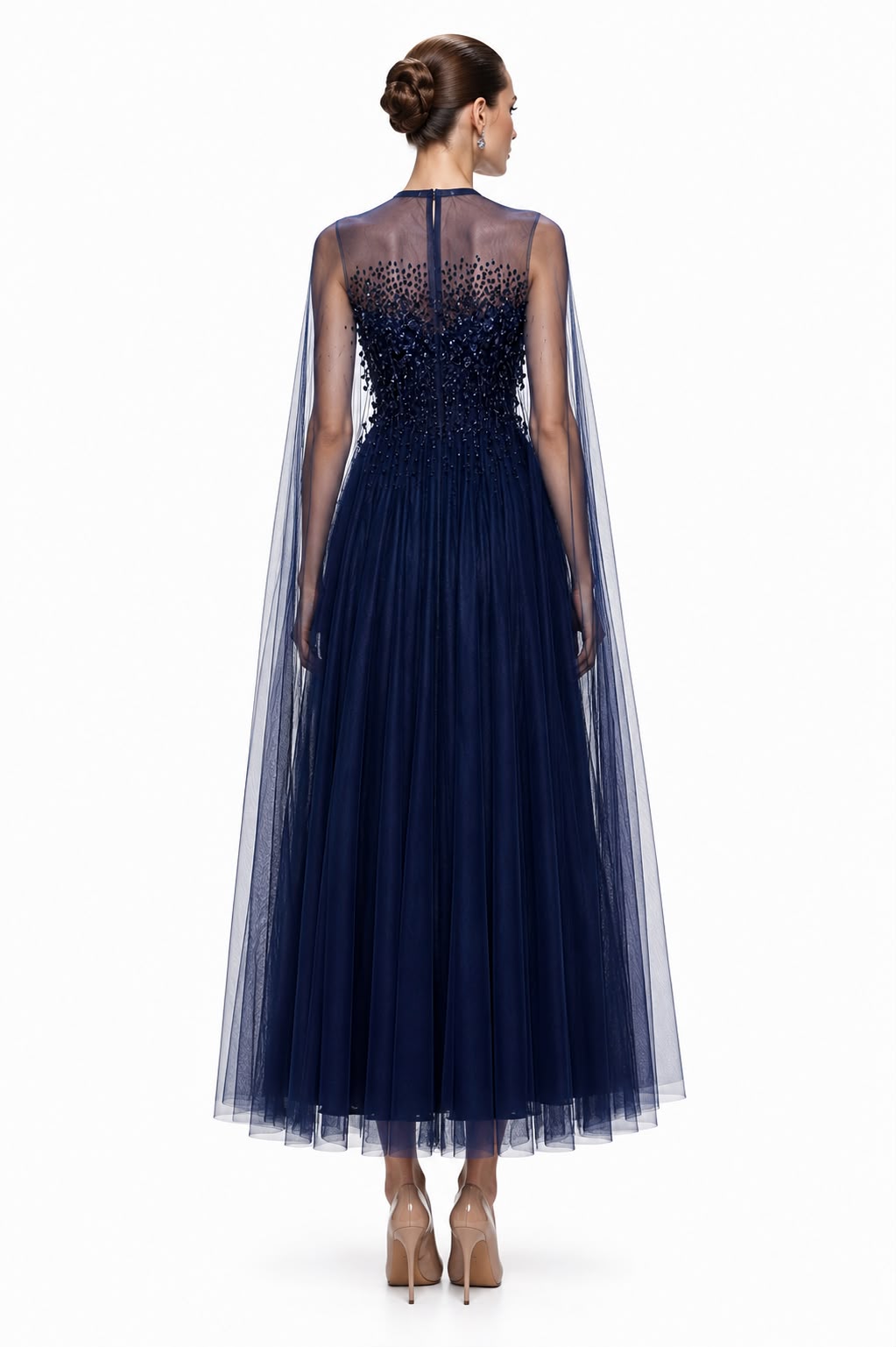 Navy Tulle Cape Midi Gown - back