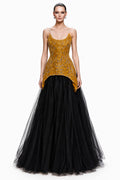 Gold Beaded Top & Black Tulle Ball Gown - front