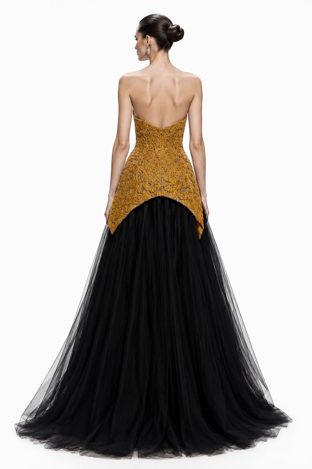 Gold Beaded Top & Black Tulle Ball Gown - back
