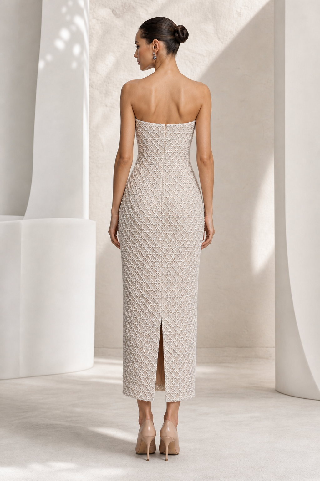 Ivory Lattice-Beaded Column Gown