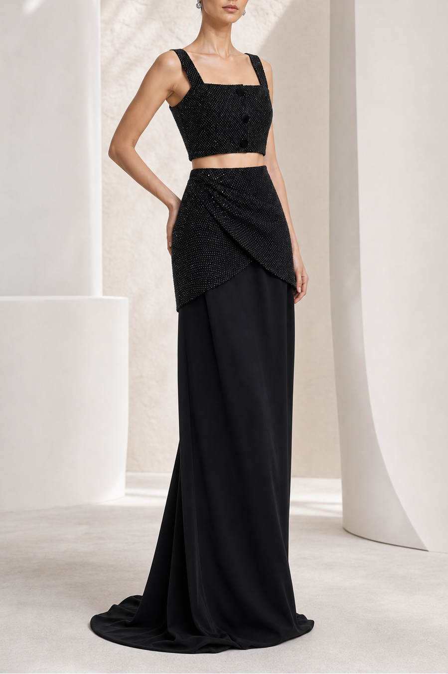 Black Beaded Button Peplum Gown