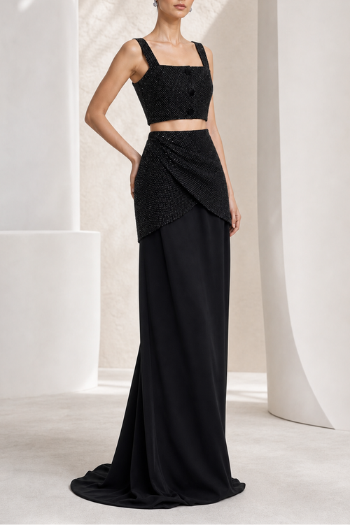 Black Beaded Button Peplum Gown