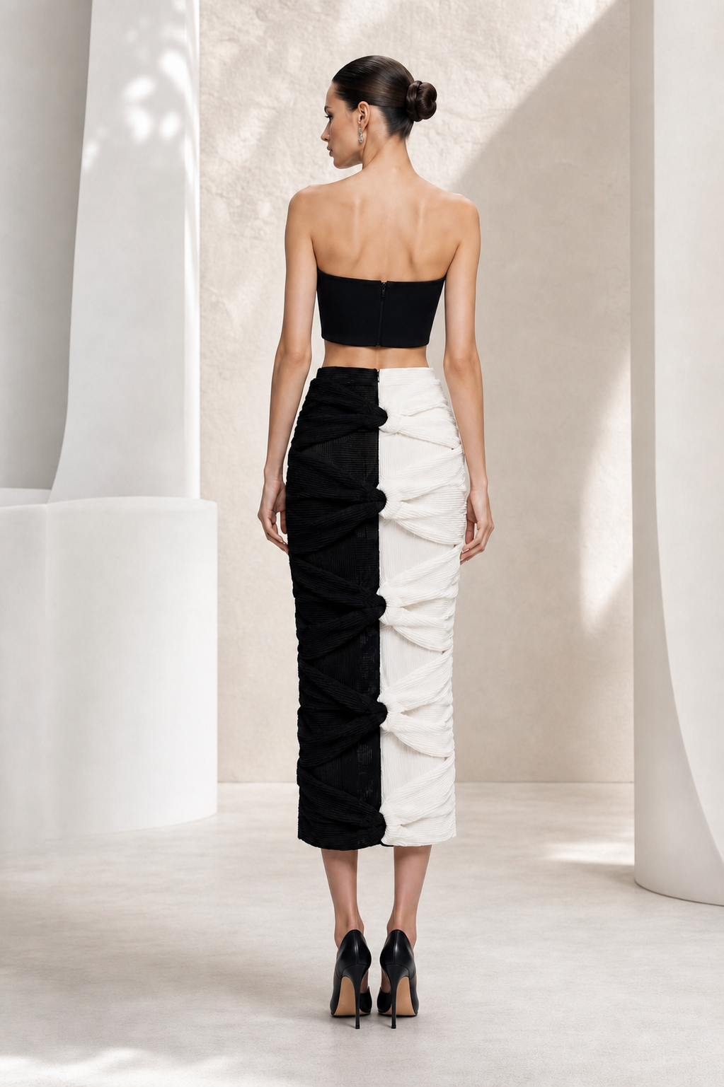 Black & Ivory Draped Two-Piece