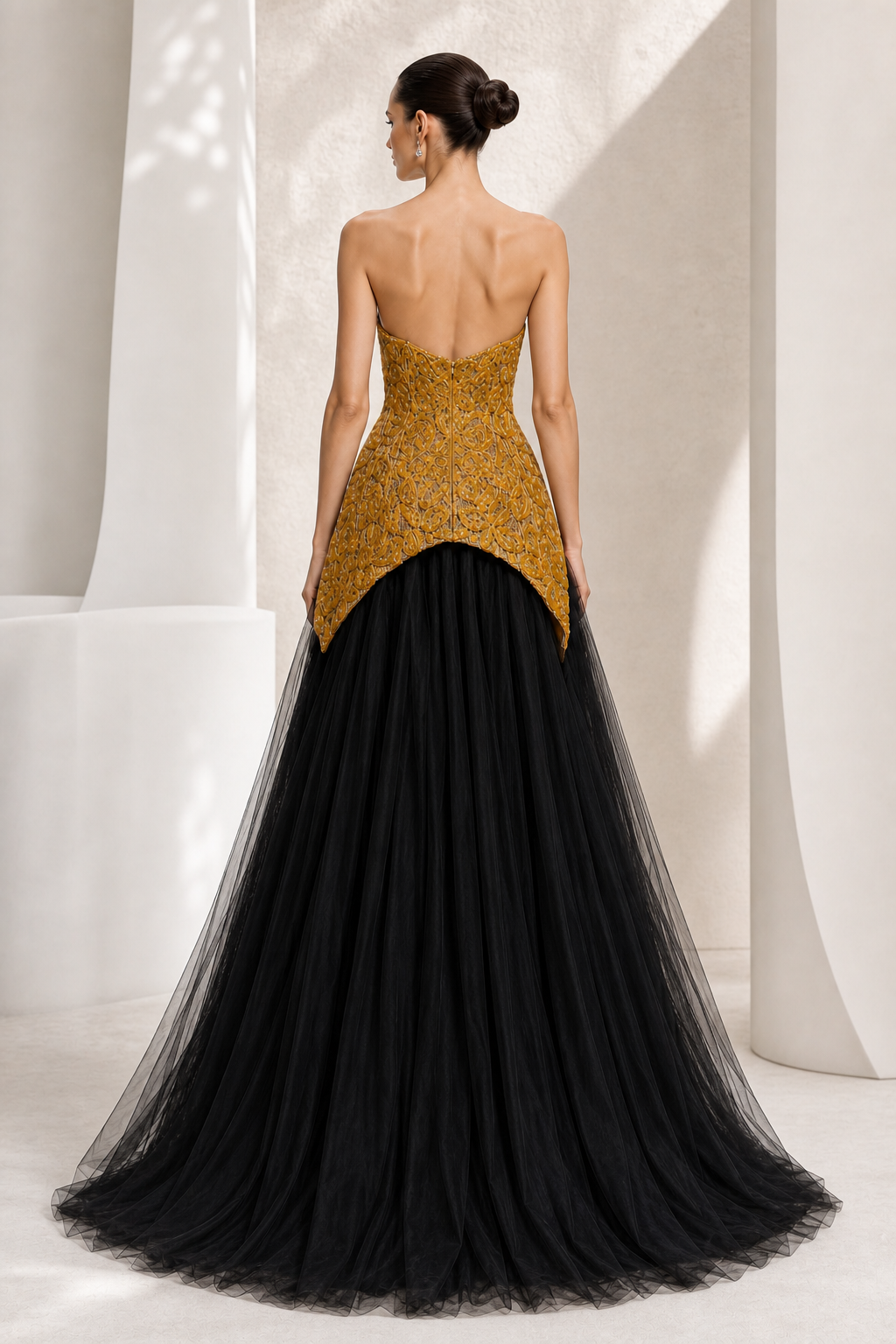 Gold Beaded Top & Black Tulle Ball Gown