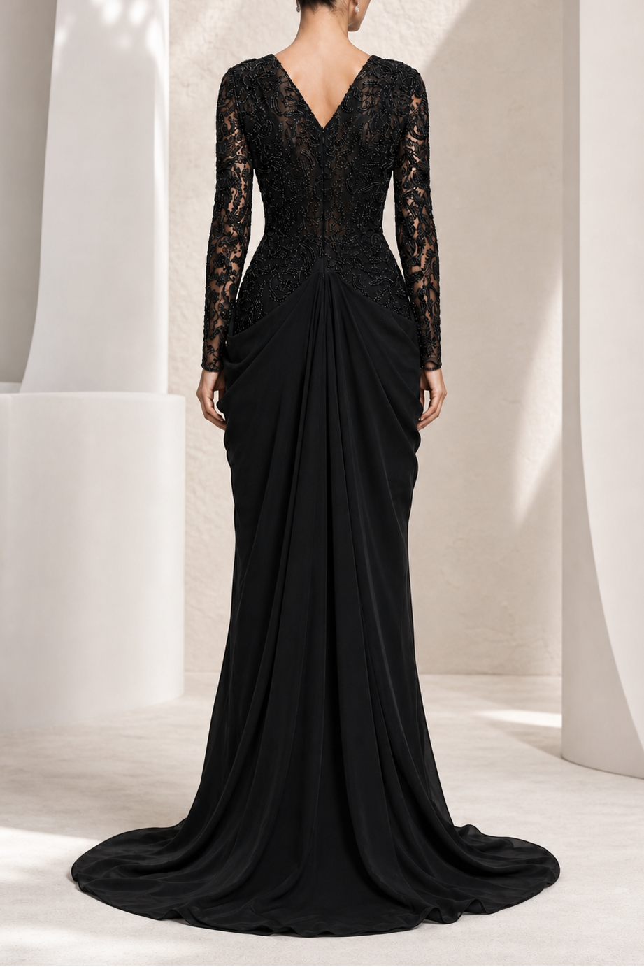 Black Beaded Lace Draped Mermaid Gown