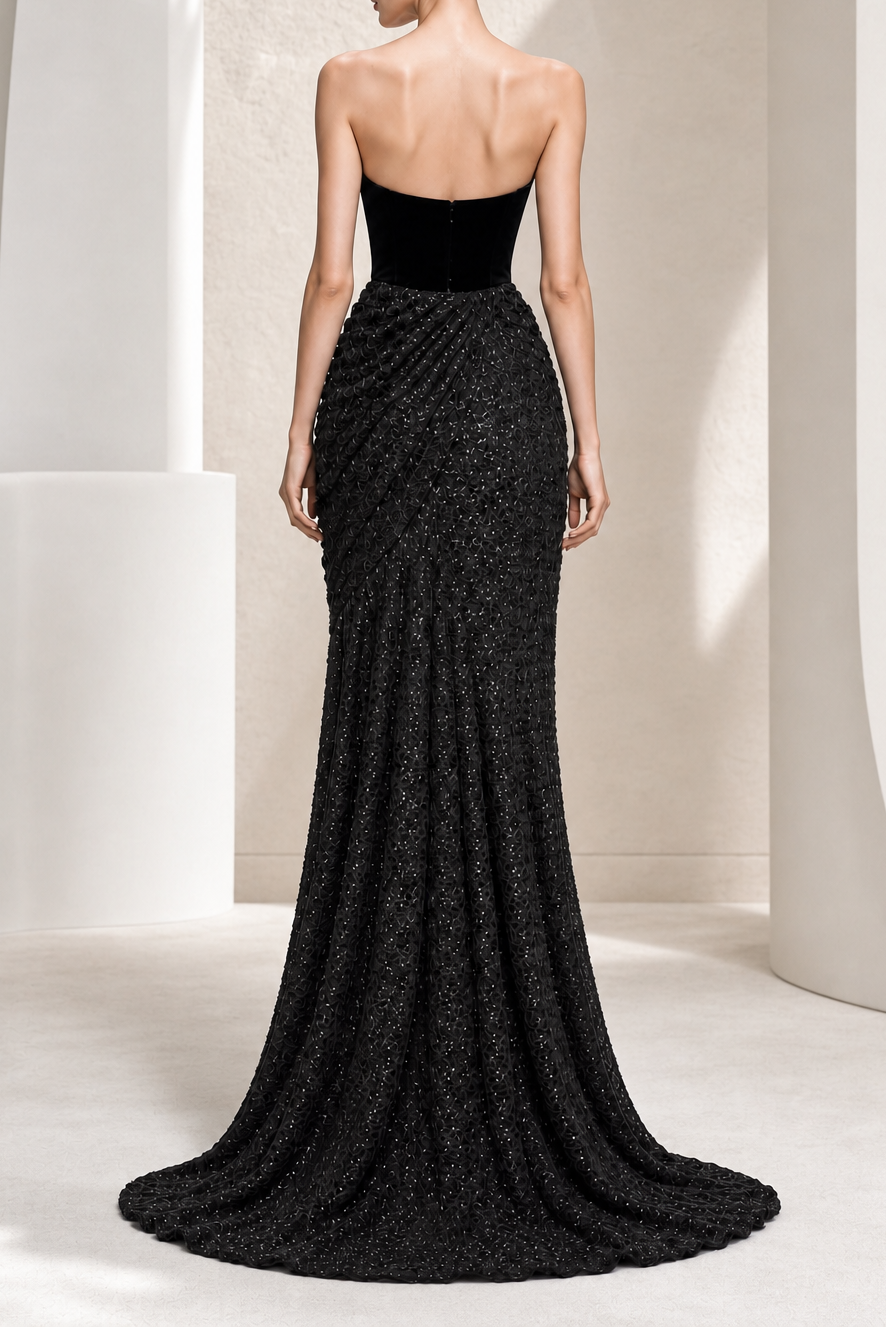 Black Velvet Gold-Clasp Draped Gown