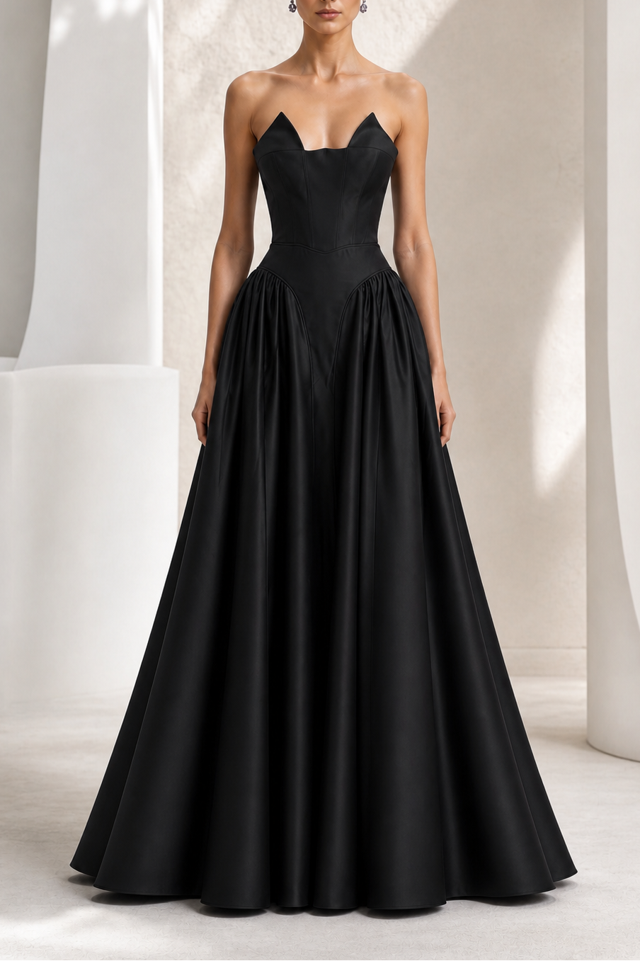 Black Notched-Neck Satin A-Line Gown