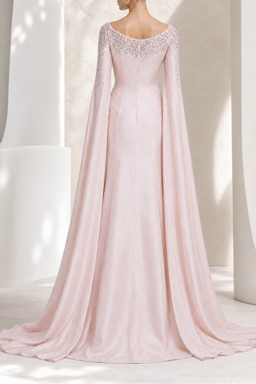 Blush Beaded Cape-Sleeve Gown