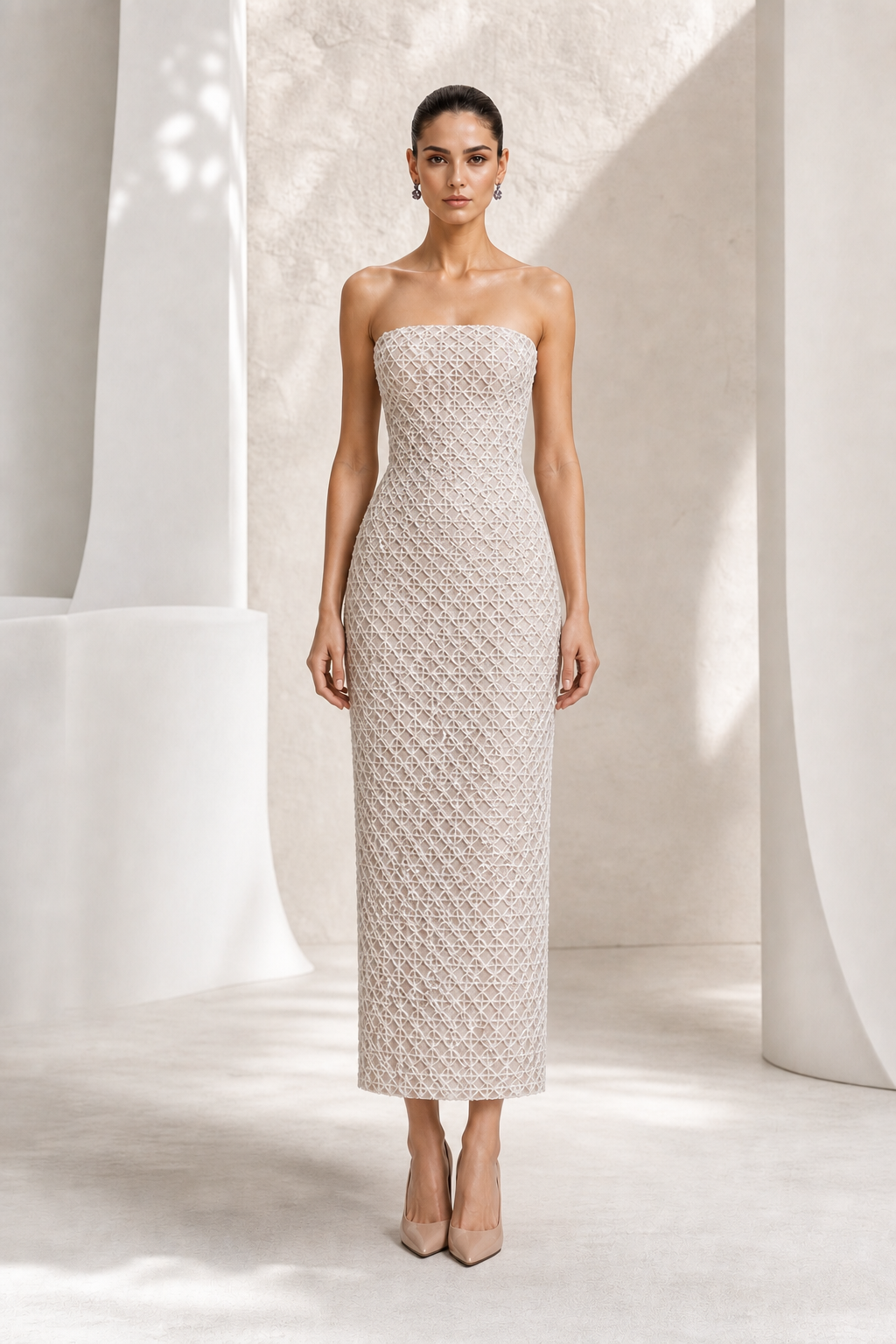 Ivory Lattice-Beaded Column Gown