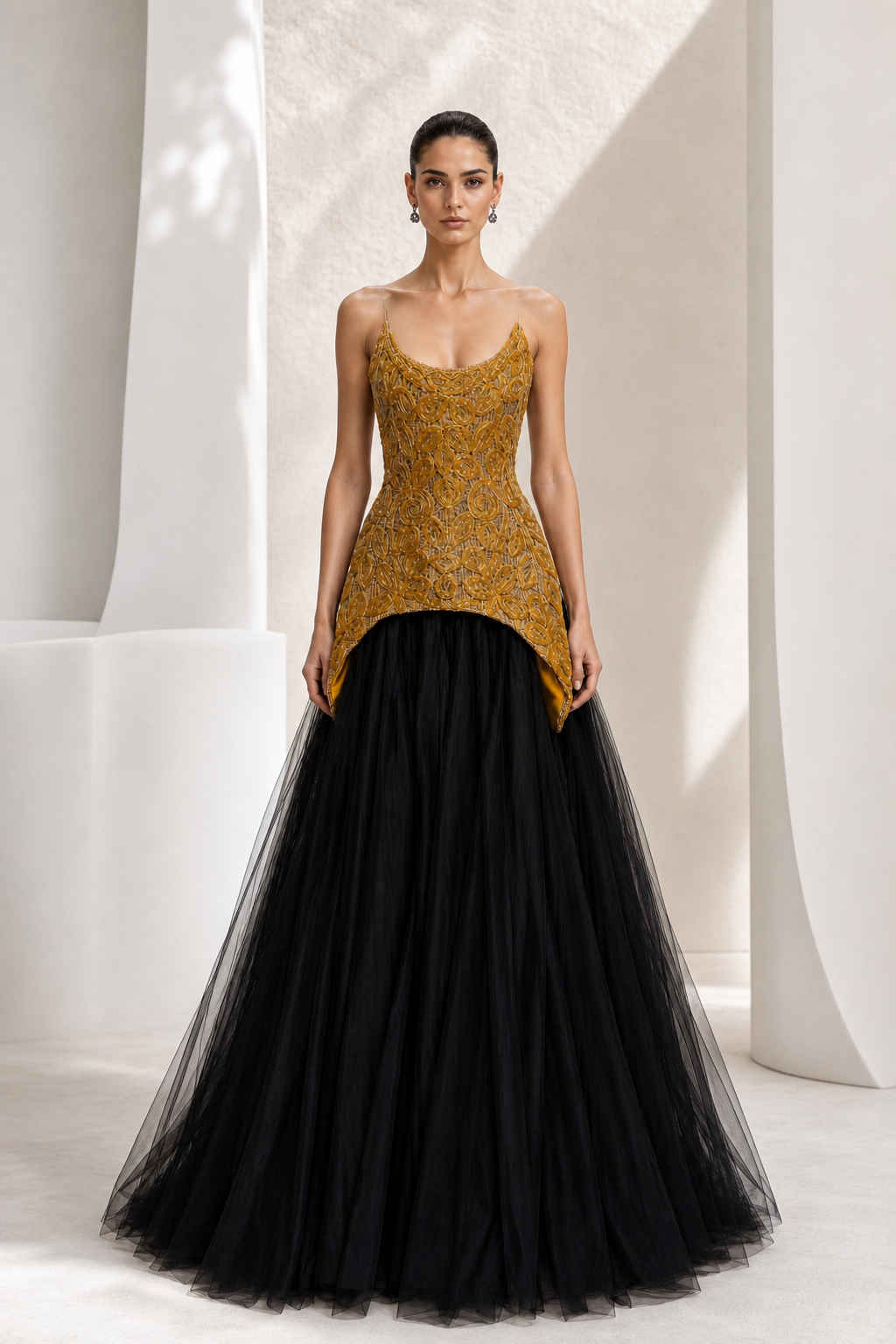 Gold Beaded Top & Black Tulle Ball Gown