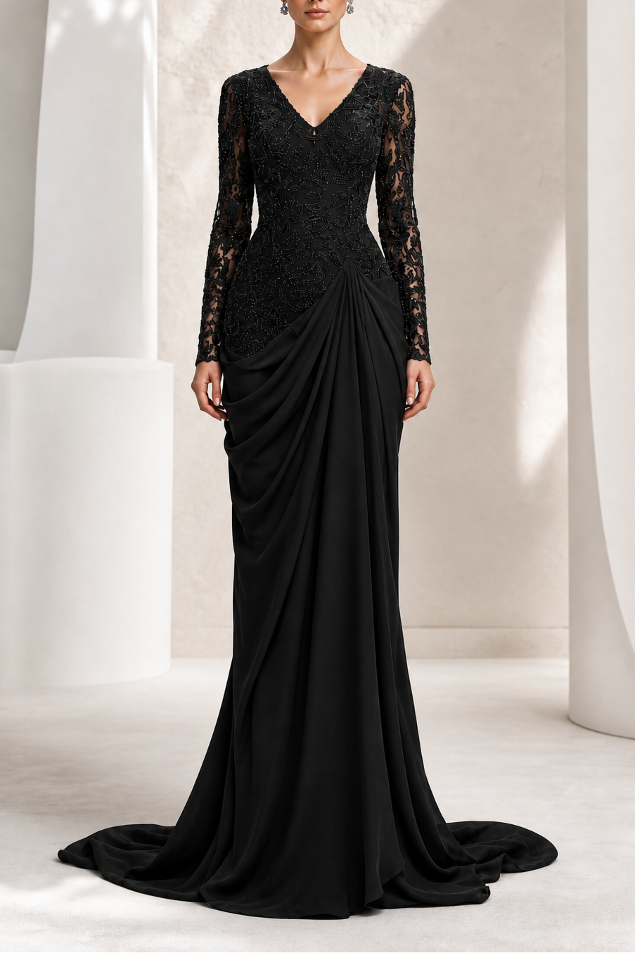Black Beaded Lace Draped Mermaid Gown