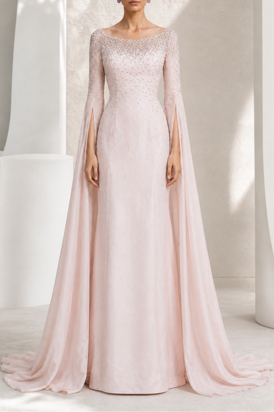 Blush Beaded Cape-Sleeve Gown