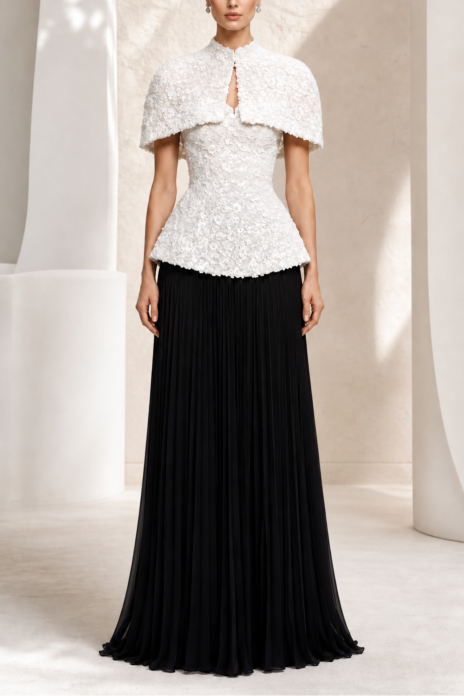 Ivory Floral-Sequin Capelet Two-Piece