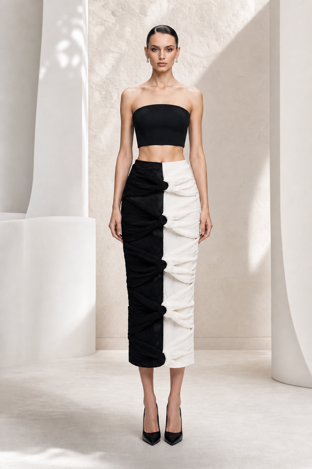 Black & Ivory Draped Two-Piece