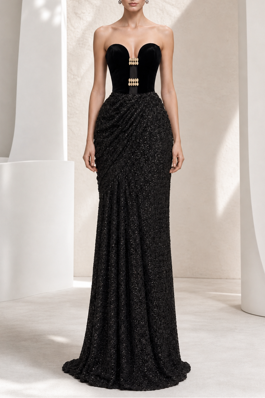 Black Velvet Gold-Clasp Draped Gown