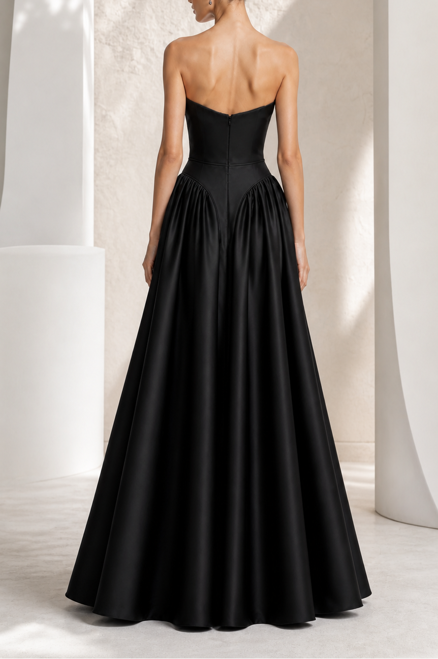 Black Notched-Neck Satin A-Line Gown