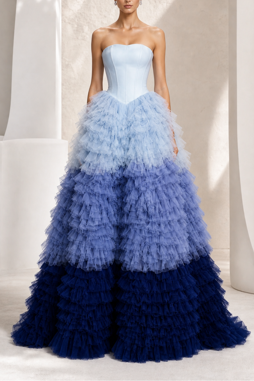 Blue Ombré Ruffle Ball Gown