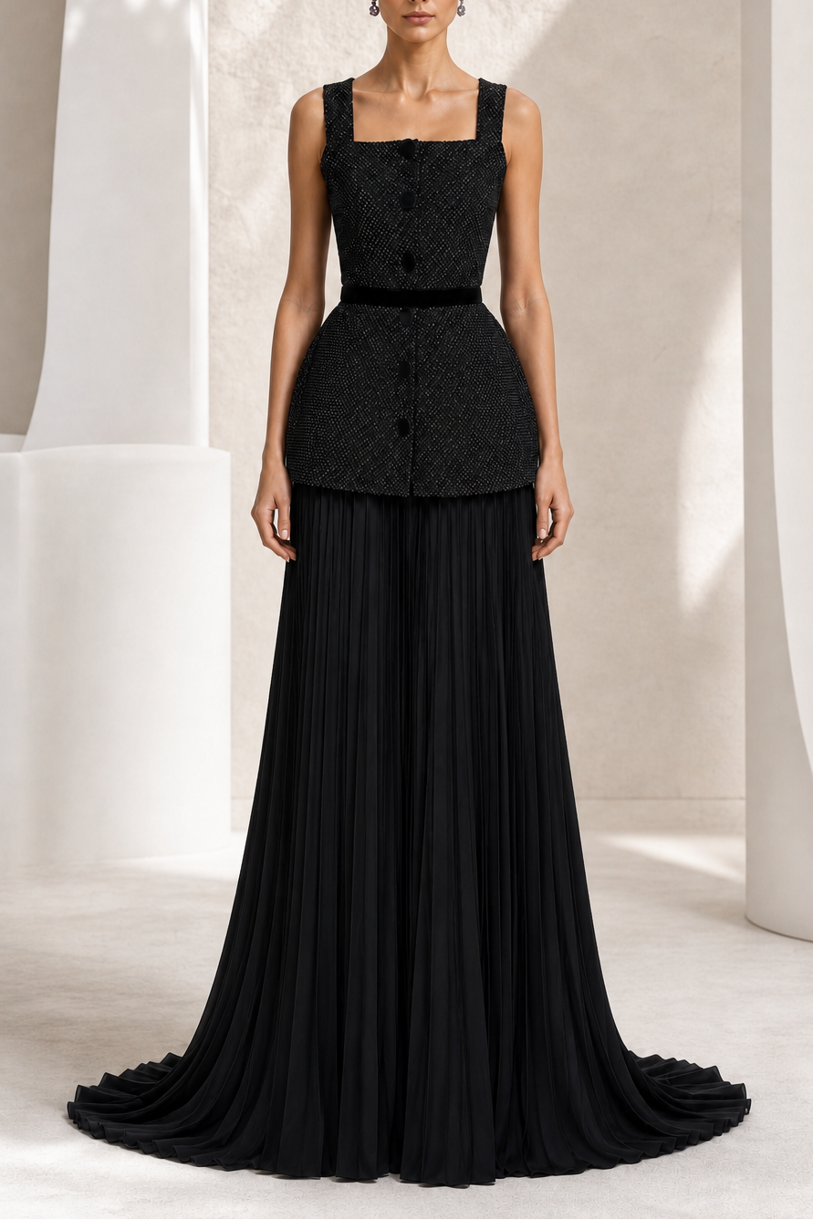 Black Beaded Crop & Peplum Two-Piece