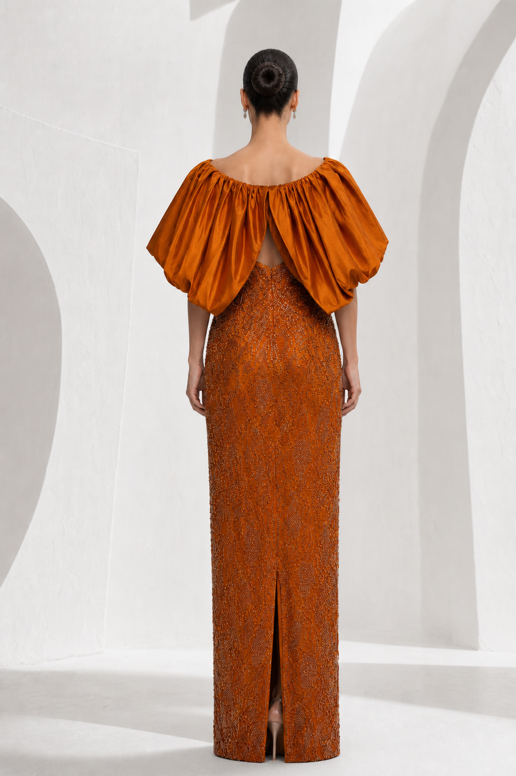 Amber Puff-Sleeve Beaded Column Gown