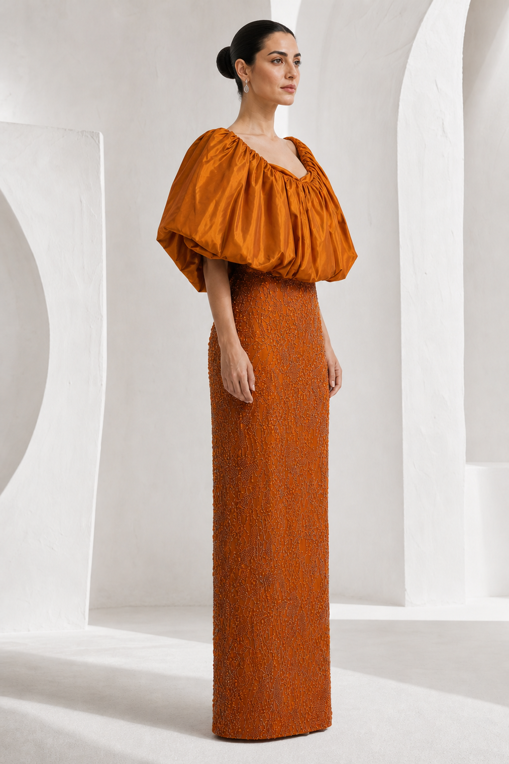Amber Puff-Sleeve Beaded Column Gown