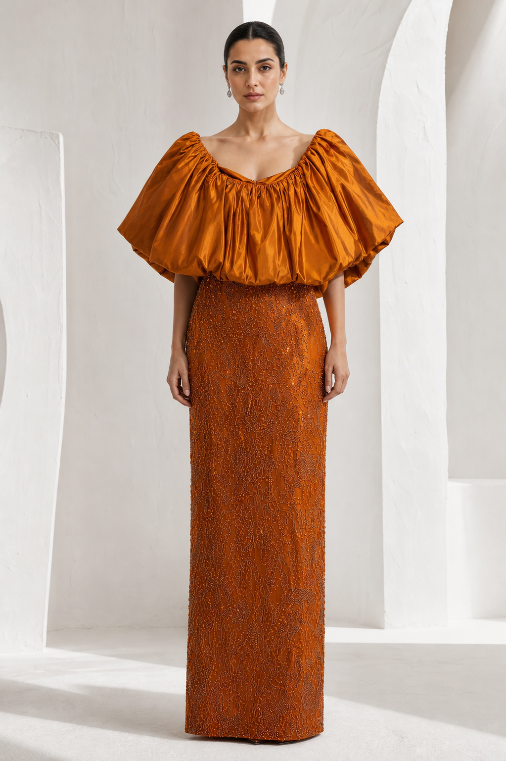 Amber Puff-Sleeve Beaded Column Gown