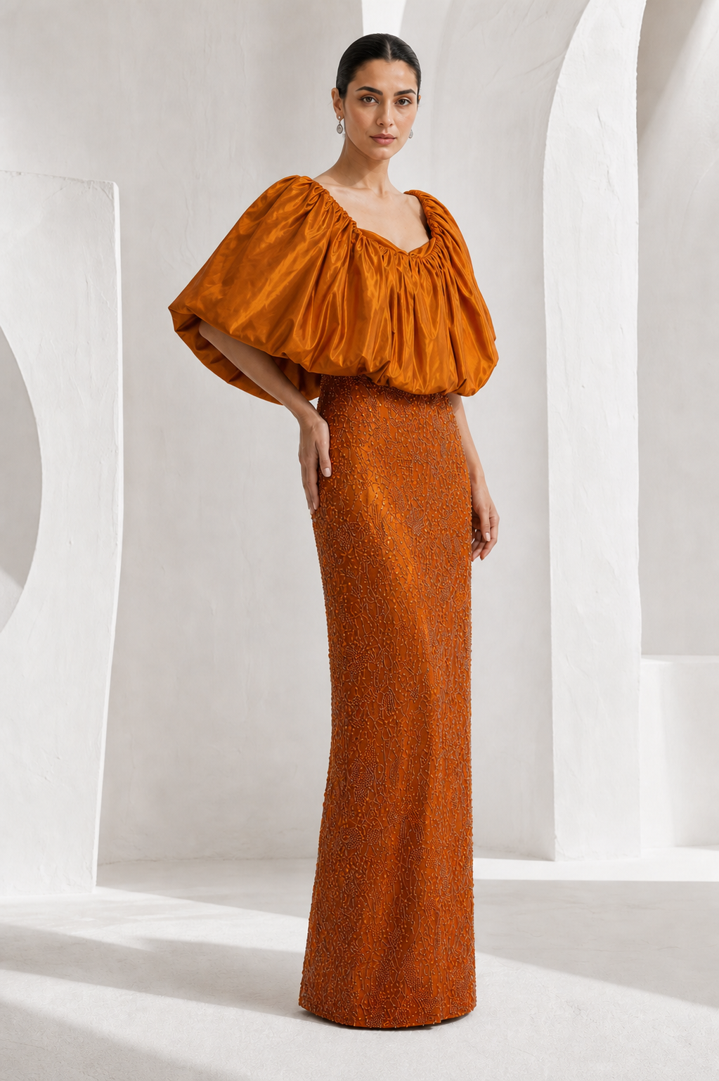 Amber Puff-Sleeve Beaded Column Gown