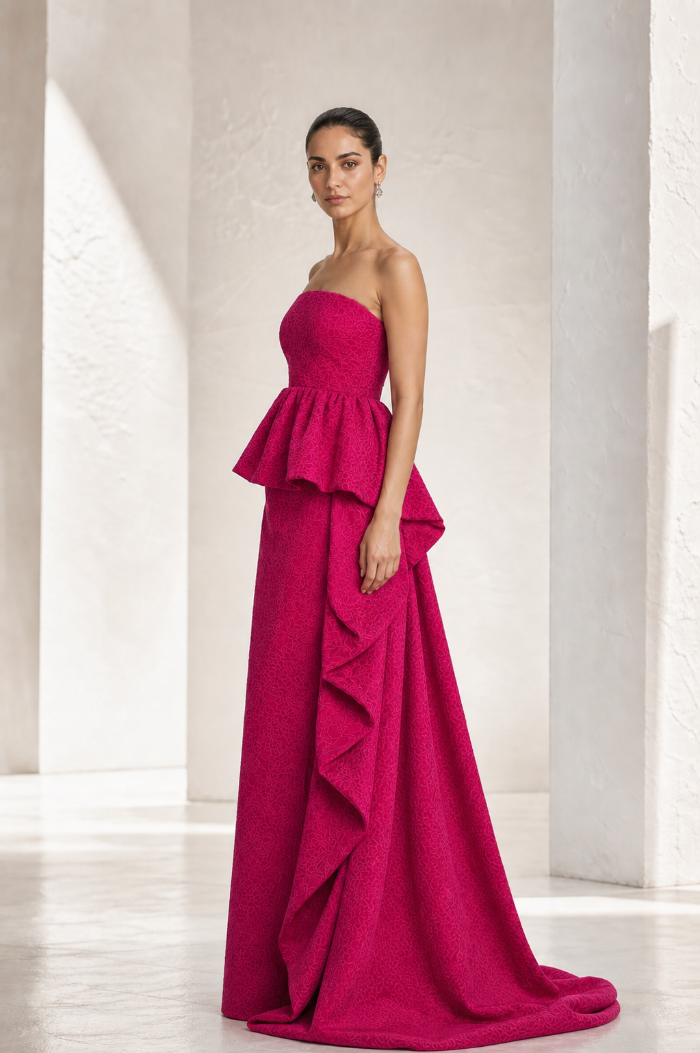 Fuchsia Brocade Peplum Gown