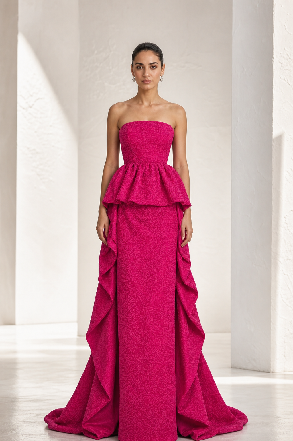 Fuchsia Brocade Peplum Gown